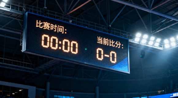 体育场馆内的比分显示屏，显示比赛时间与当前比分信息